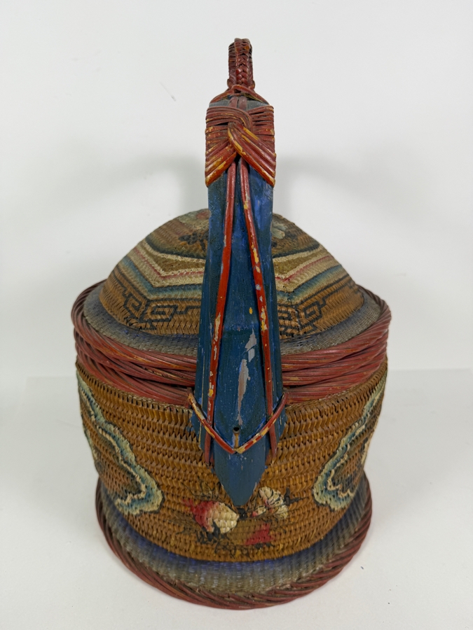 Antique Peranakan Straits Chinese Woven Bamboo Straw Tiffin Wedding Basket Featuring Hand Painted Phoenix And Peonies Motif 13.5'W X 19'H [Photo 10]