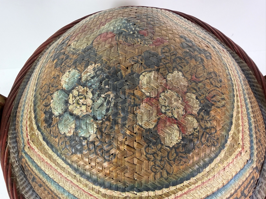 Antique Peranakan Straits Chinese Woven Bamboo Straw Tiffin Wedding Basket Featuring Hand Painted Phoenix And Peonies Motif 13.5'W X 19'H [Photo 5]