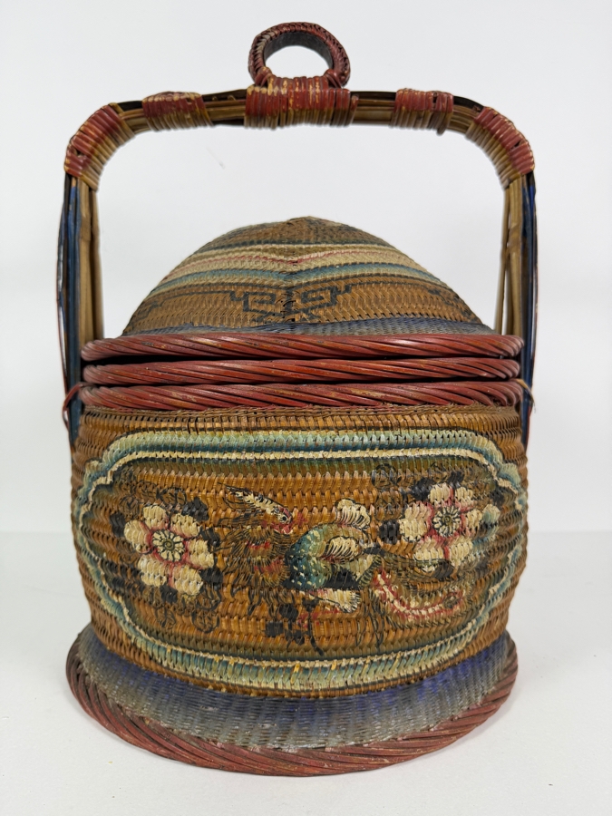 Antique Peranakan Straits Chinese Woven Bamboo Straw Tiffin Wedding Basket Featuring Hand Painted Phoenix And Peonies Motif 13.5'W X 19'H [Photo 2]