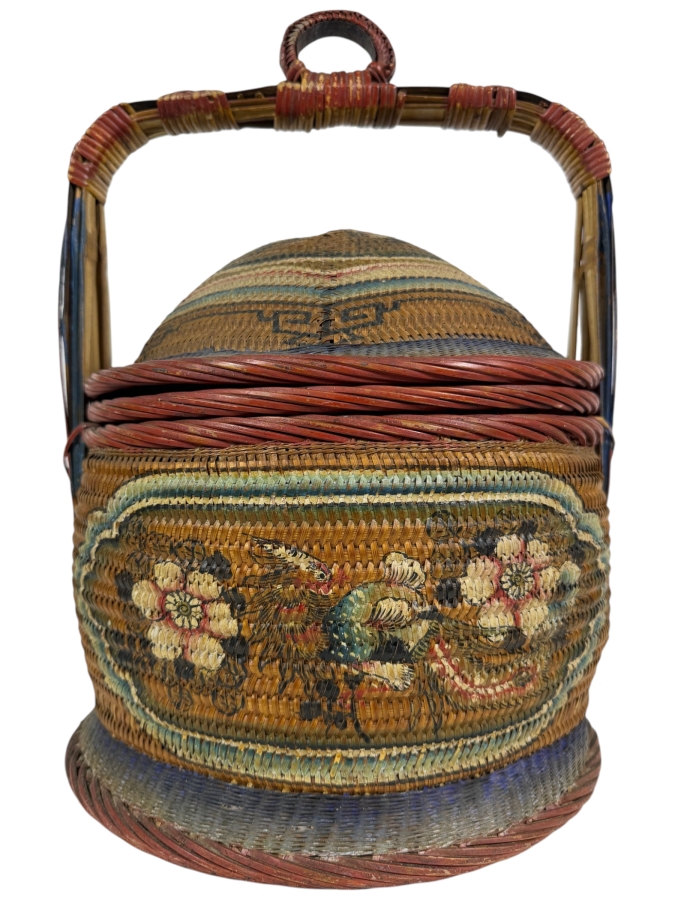 Antique Peranakan Straits Chinese Woven Bamboo Straw Tiffin Wedding Basket Featuring Hand Painted Phoenix And Peonies Motif 13.5'W X 19'H