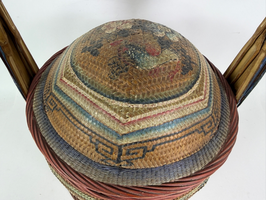Antique Peranakan Straits Chinese Woven Bamboo Straw Tiffin Wedding Basket Featuring Hand Painted Phoenix And Peonies Motif 13.5'W X 19'H [Photo 8]