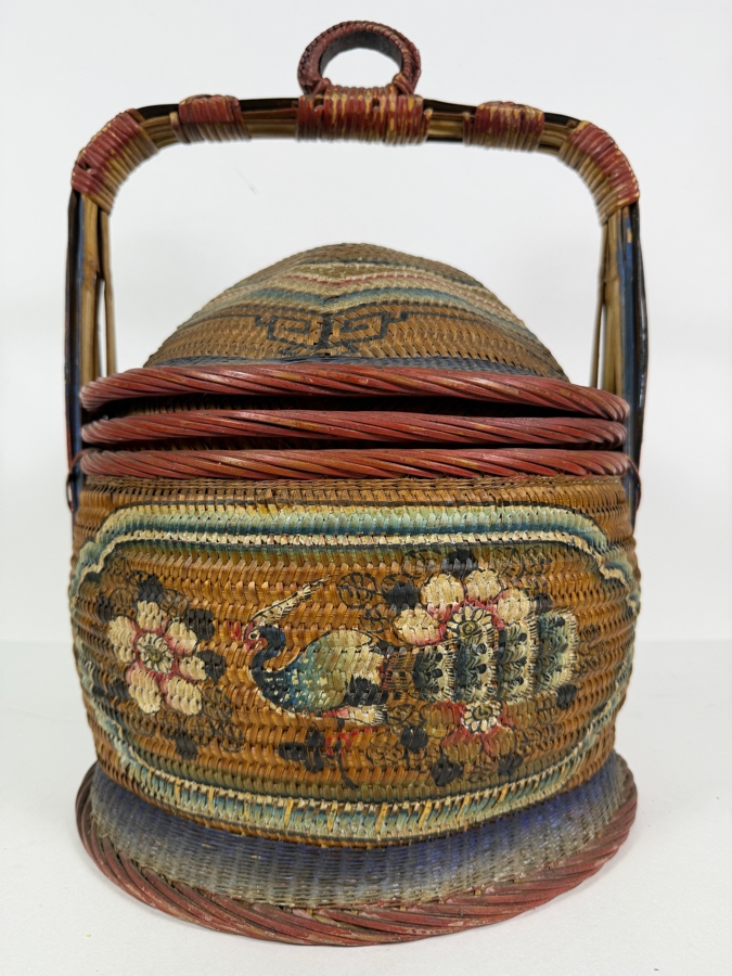 Antique Peranakan Straits Chinese Woven Bamboo Straw Tiffin Wedding Basket Featuring Hand Painted Phoenix And Peonies Motif 13.5'W X 19'H [Photo 6]