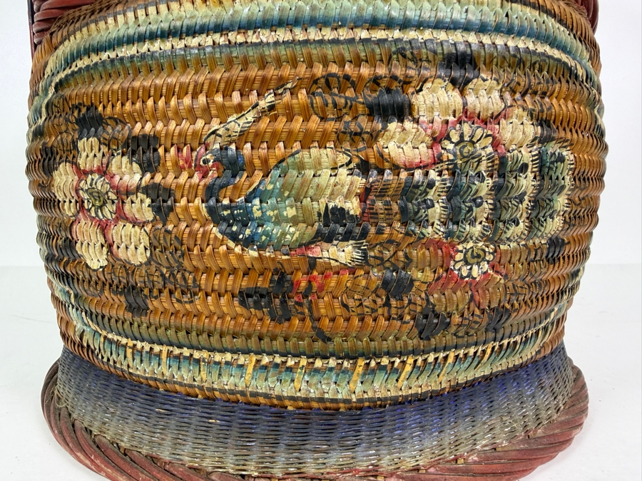 Antique Peranakan Straits Chinese Woven Bamboo Straw Tiffin Wedding Basket Featuring Hand Painted Phoenix And Peonies Motif 13.5'W X 19'H [Photo 7]