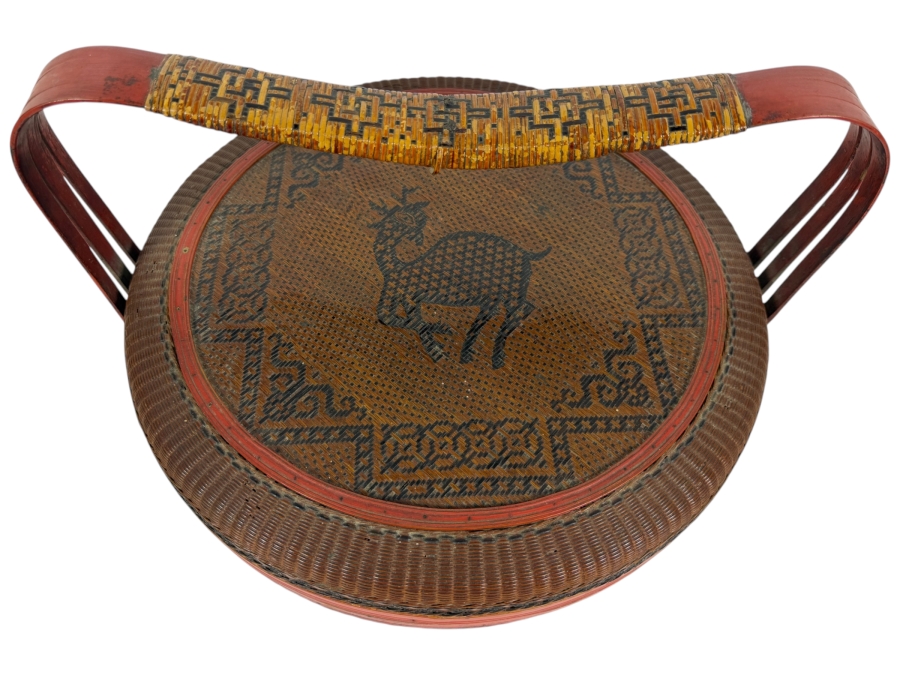 Antique Chinese Stacking Wedding Betrothal Basket With Woven Deer Of Longevity Lid Pattern And Three Tier Bentwood Handle 15'W X 9'H