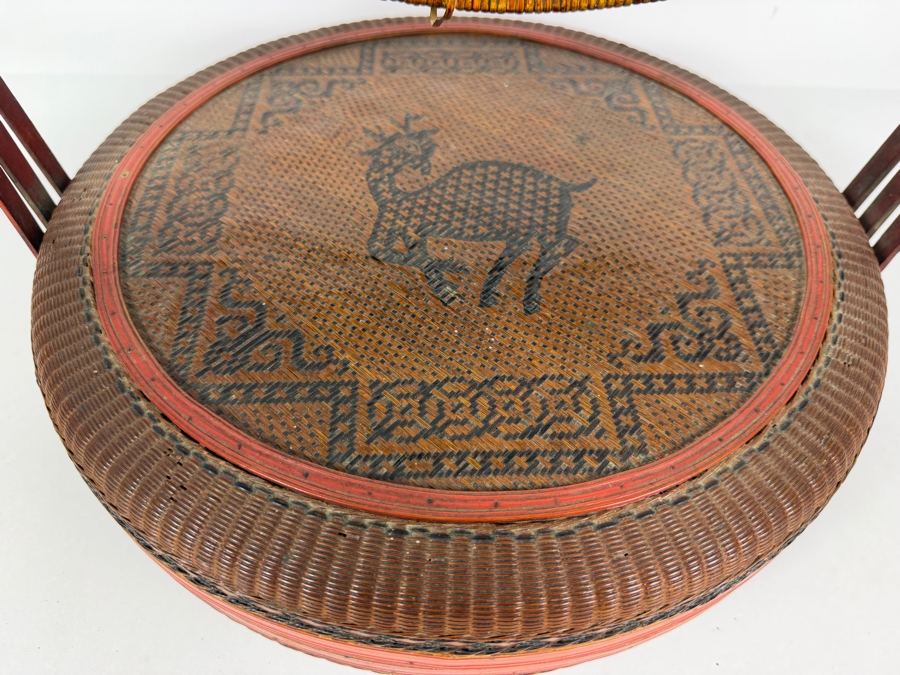 Antique Chinese Stacking Wedding Betrothal Basket With Woven Deer Of Longevity Lid Pattern And Three Tier Bentwood Handle 15'W X 9'H [Photo 3]