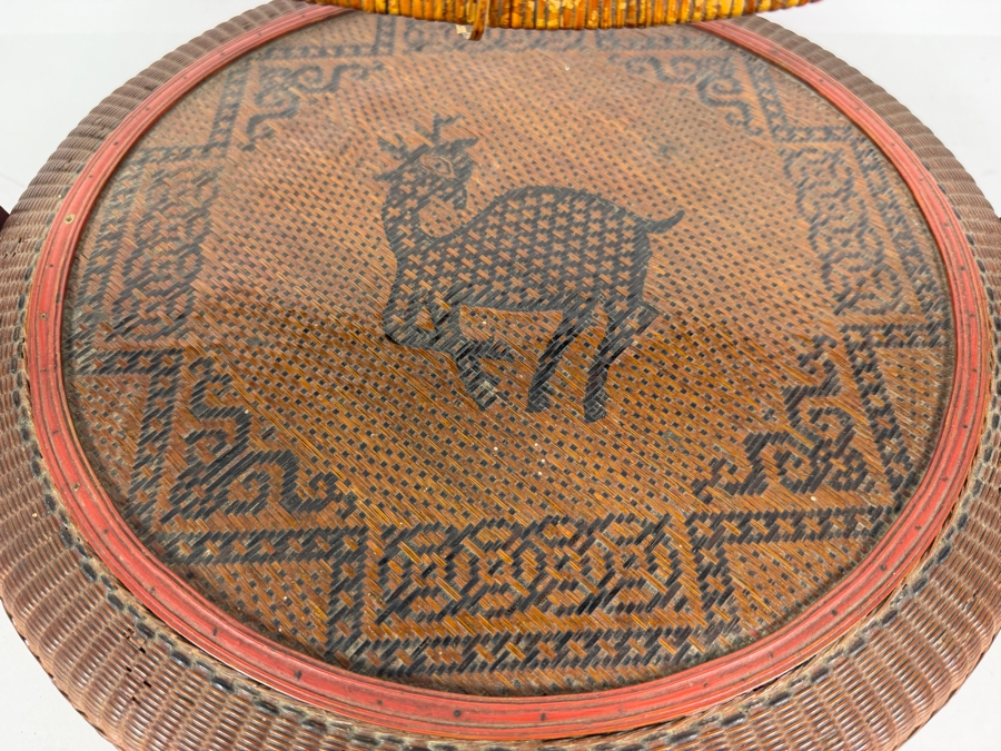 Antique Chinese Stacking Wedding Betrothal Basket With Woven Deer Of Longevity Lid Pattern And Three Tier Bentwood Handle 15'W X 9'H [Photo 4]