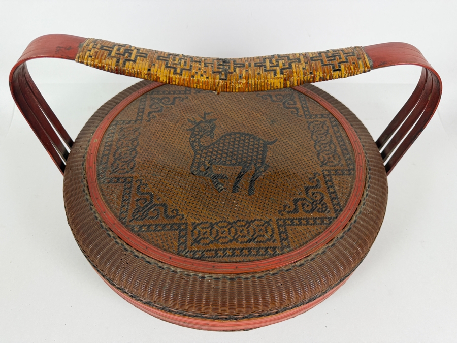 Antique Chinese Stacking Wedding Betrothal Basket With Woven Deer Of Longevity Lid Pattern And Three Tier Bentwood Handle 15'W X 9'H [Photo 2]