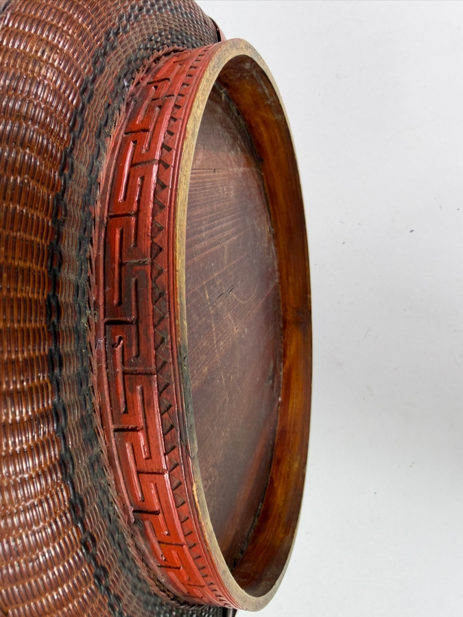 Antique Chinese Stacking Wedding Betrothal Basket With Woven Deer Of Longevity Lid Pattern And Three Tier Bentwood Handle 15'W X 9'H [Photo 10]