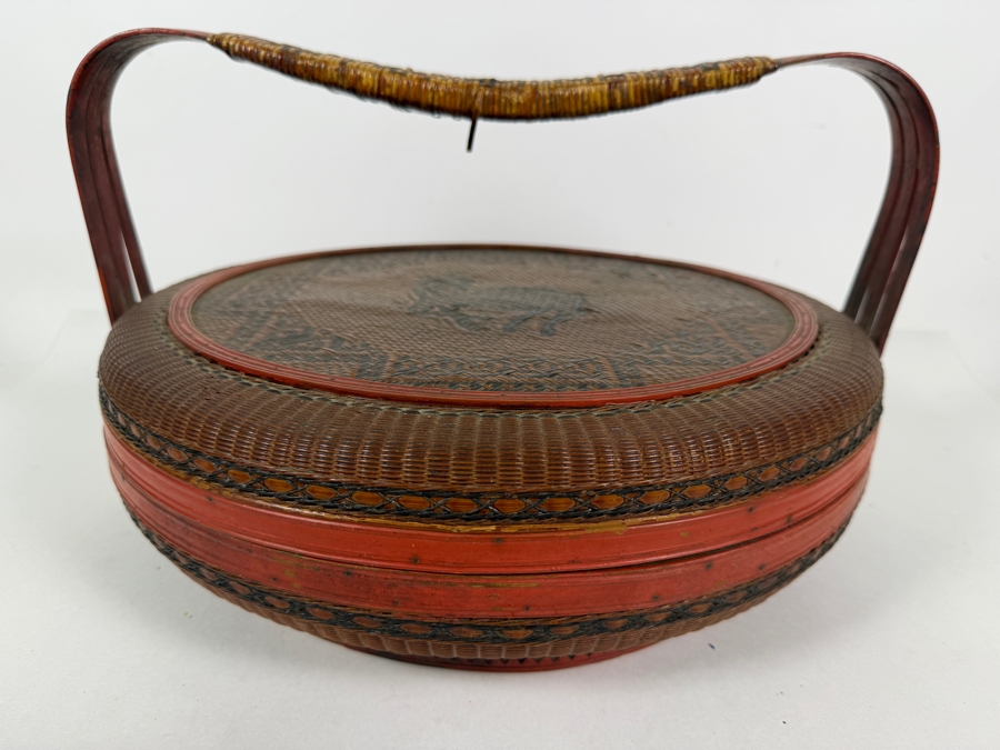Antique Chinese Stacking Wedding Betrothal Basket With Woven Deer Of Longevity Lid Pattern And Three Tier Bentwood Handle 15'W X 9'H [Photo 8]