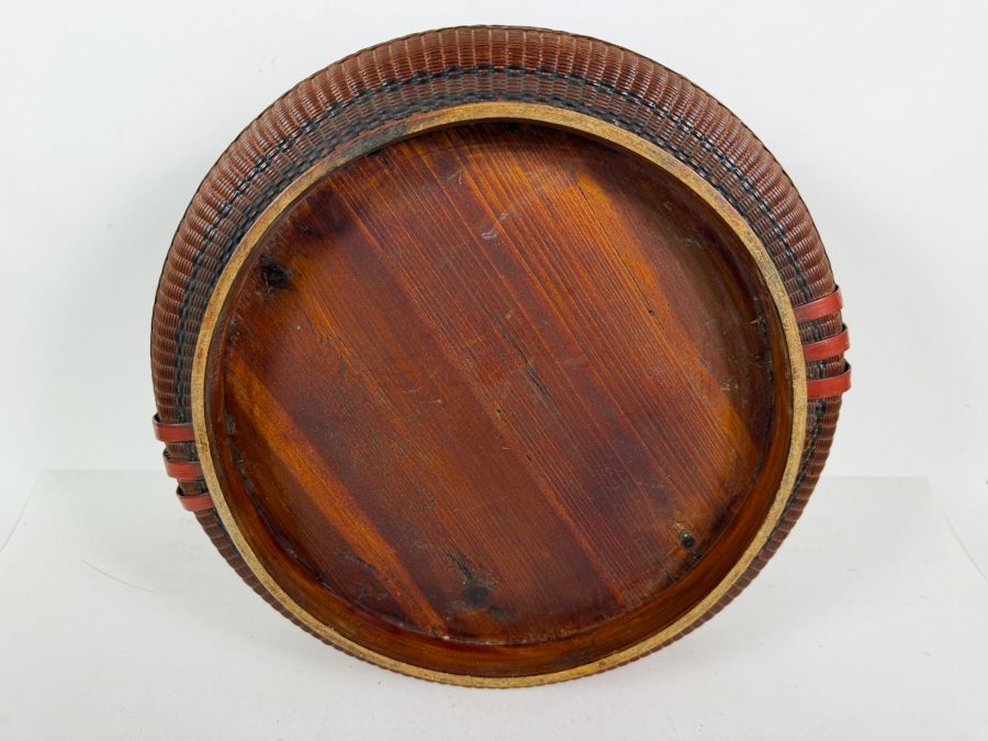 Antique Chinese Stacking Wedding Betrothal Basket With Woven Deer Of Longevity Lid Pattern And Three Tier Bentwood Handle 15'W X 9'H [Photo 11]