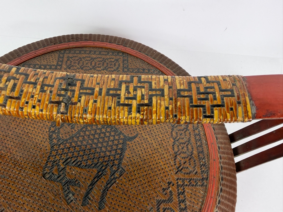 Antique Chinese Stacking Wedding Betrothal Basket With Woven Deer Of Longevity Lid Pattern And Three Tier Bentwood Handle 15'W X 9'H [Photo 5]