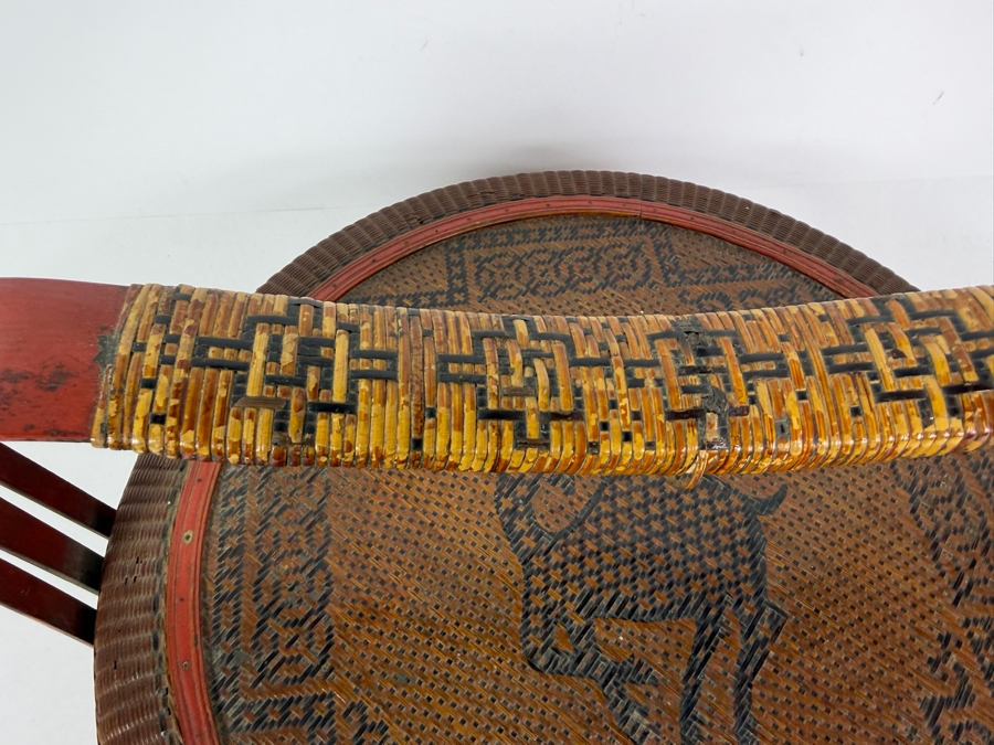 Antique Chinese Stacking Wedding Betrothal Basket With Woven Deer Of Longevity Lid Pattern And Three Tier Bentwood Handle 15'W X 9'H [Photo 6]