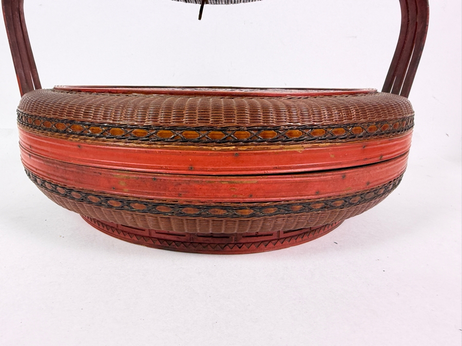 Antique Chinese Stacking Wedding Betrothal Basket With Woven Deer Of Longevity Lid Pattern And Three Tier Bentwood Handle 15'W X 9'H [Photo 9]