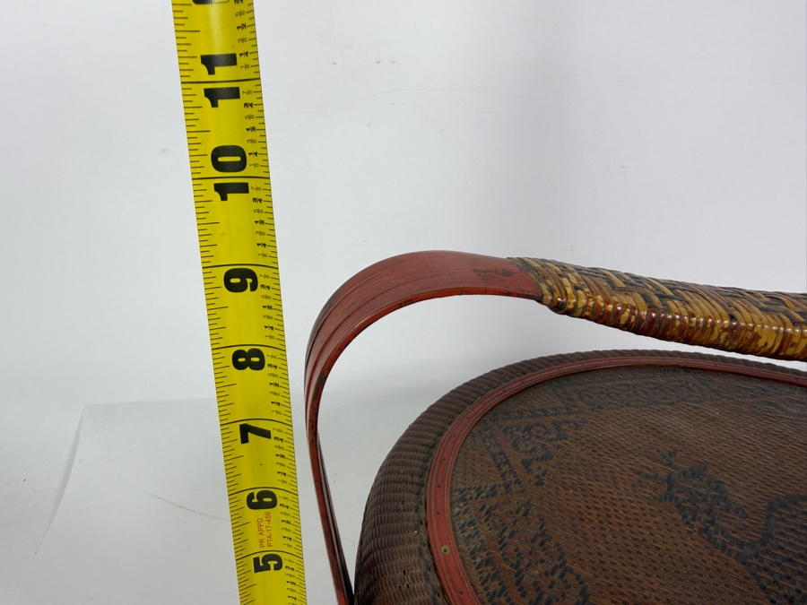 Antique Chinese Stacking Wedding Betrothal Basket With Woven Deer Of Longevity Lid Pattern And Three Tier Bentwood Handle 15'W X 9'H [Photo 13]