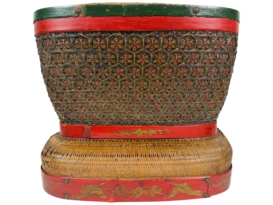 Antique Chinese Shanxi Province Lacquered Woven Bamboo Tiered Storage Hourglass Basket With Hand Painted Red Rim Gilt Birds And Floral Motifs - Has Some Damage - See Photos 15'W X 10'D X13'H