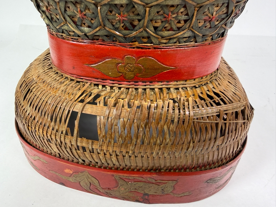 Antique Chinese Shanxi Province Lacquered Woven Bamboo Tiered Storage Hourglass Basket With Hand Painted Red Rim Gilt Birds And Floral Motifs - Has Some Damage - See Photos 15'W X 10'D X13'H [Photo 5]