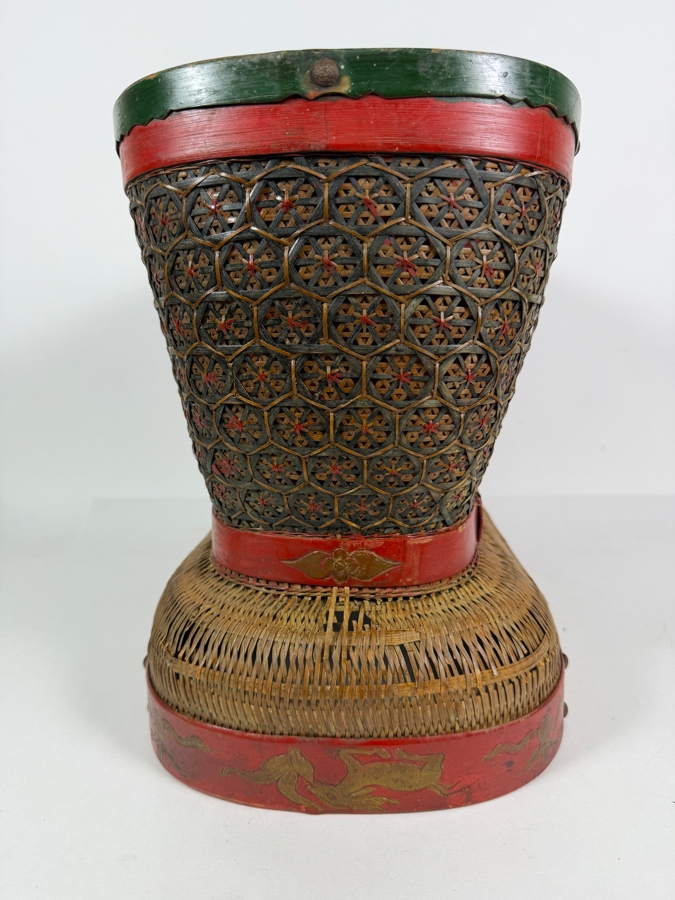 Antique Chinese Shanxi Province Lacquered Woven Bamboo Tiered Storage Hourglass Basket With Hand Painted Red Rim Gilt Birds And Floral Motifs - Has Some Damage - See Photos 15'W X 10'D X13'H [Photo 7]