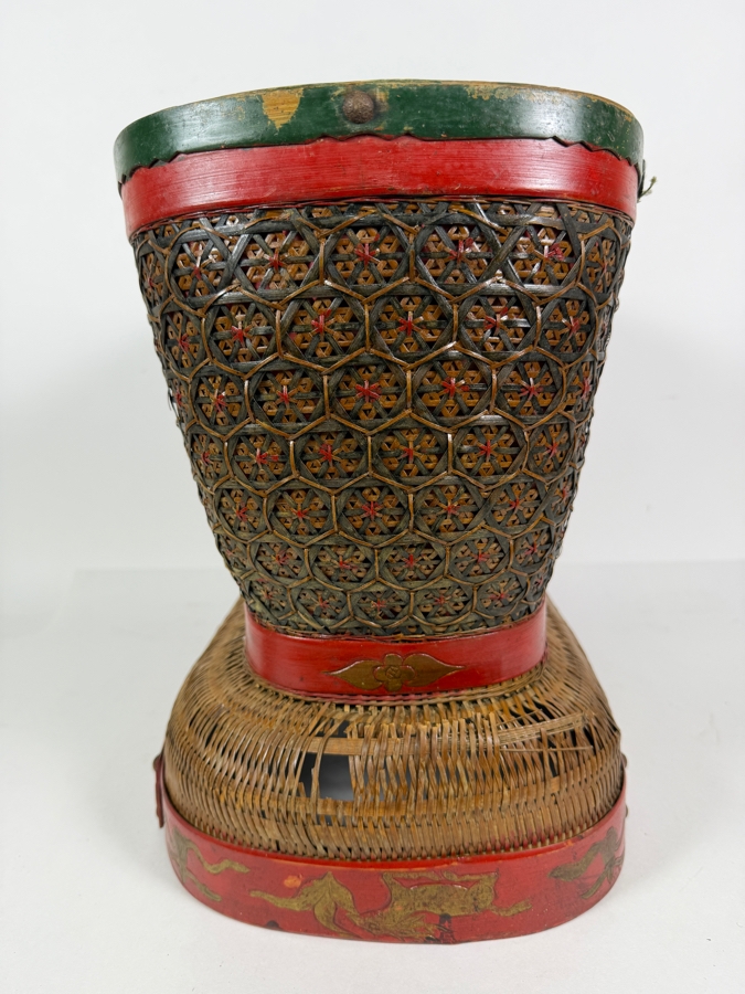 Antique Chinese Shanxi Province Lacquered Woven Bamboo Tiered Storage Hourglass Basket With Hand Painted Red Rim Gilt Birds And Floral Motifs - Has Some Damage - See Photos 15'W X 10'D X13'H [Photo 4]