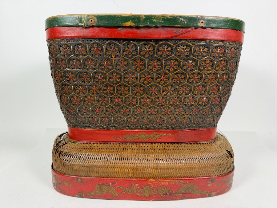 Antique Chinese Shanxi Province Lacquered Woven Bamboo Tiered Storage Hourglass Basket With Hand Painted Red Rim Gilt Birds And Floral Motifs - Has Some Damage - See Photos 15'W X 10'D X13'H [Photo 6]