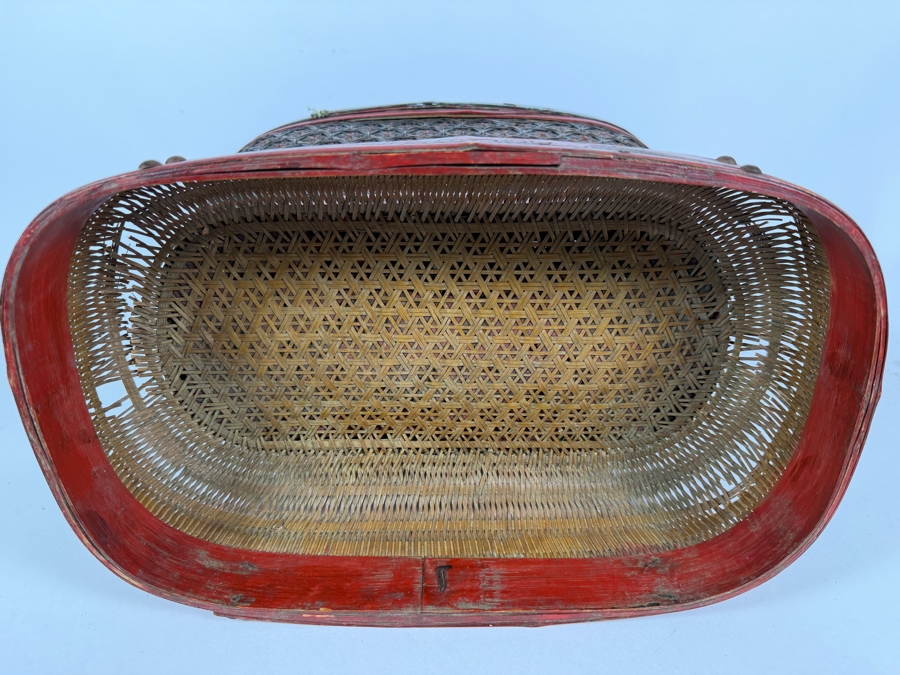 Antique Chinese Shanxi Province Lacquered Woven Bamboo Tiered Storage Hourglass Basket With Hand Painted Red Rim Gilt Birds And Floral Motifs - Has Some Damage - See Photos 15'W X 10'D X13'H [Photo 10]