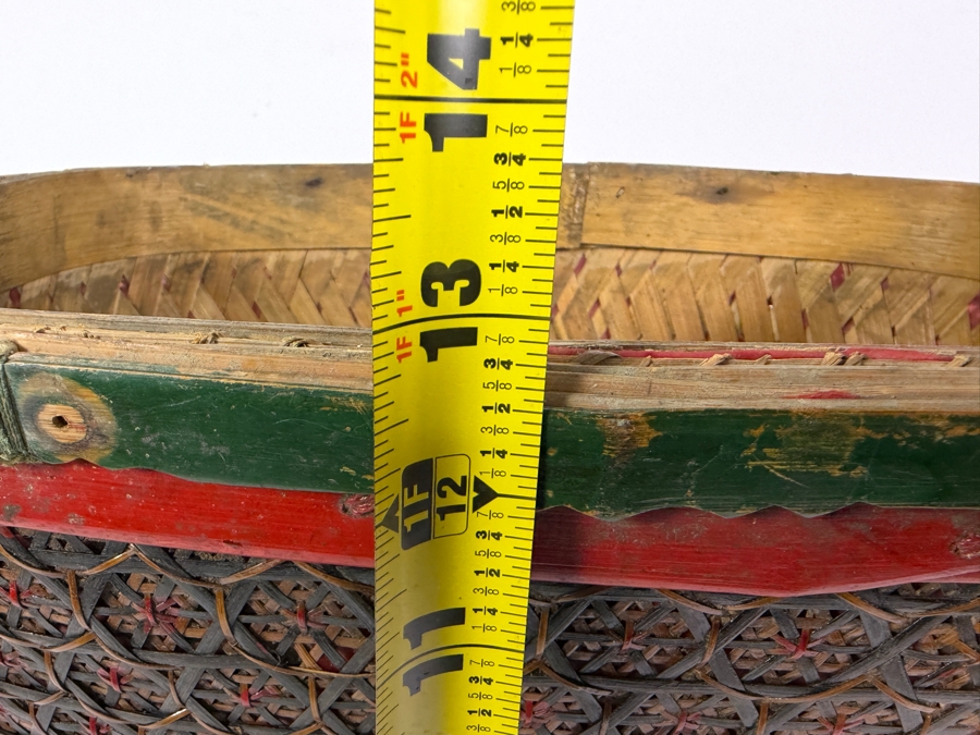 Antique Chinese Shanxi Province Lacquered Woven Bamboo Tiered Storage Hourglass Basket With Hand Painted Red Rim Gilt Birds And Floral Motifs - Has Some Damage - See Photos 15'W X 10'D X13'H [Photo 13]