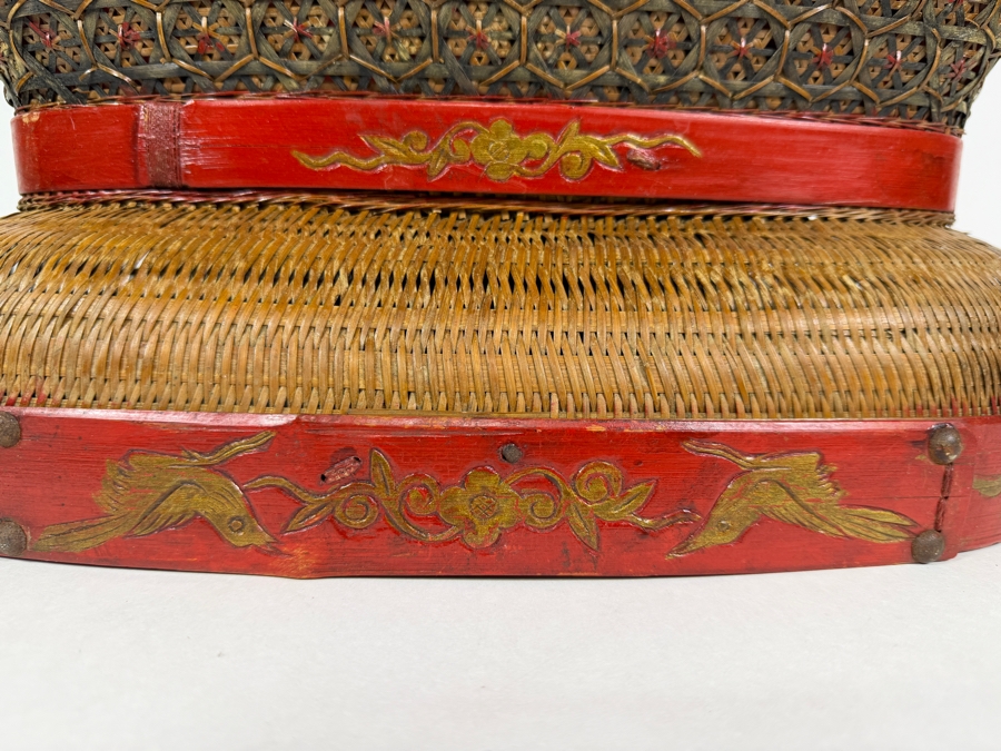 Antique Chinese Shanxi Province Lacquered Woven Bamboo Tiered Storage Hourglass Basket With Hand Painted Red Rim Gilt Birds And Floral Motifs - Has Some Damage - See Photos 15'W X 10'D X13'H [Photo 2]