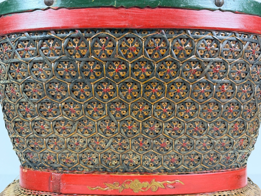 Antique Chinese Shanxi Province Lacquered Woven Bamboo Tiered Storage Hourglass Basket With Hand Painted Red Rim Gilt Birds And Floral Motifs - Has Some Damage - See Photos 15'W X 10'D X13'H [Photo 3]
