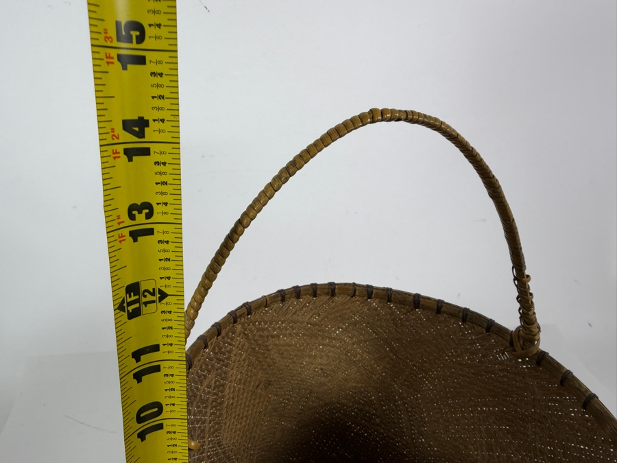 Vintage Dayak Kalimantan Tribal Hand Woven Split Rattan Basket Container Featuring Star Shaped Geometric Motif And Rigid Bail Handle 8.5'W X 14'H [Photo 7]