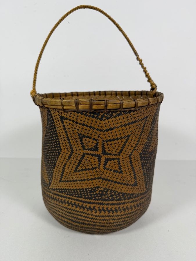 Vintage Dayak Kalimantan Tribal Hand Woven Split Rattan Basket Container Featuring Star Shaped Geometric Motif And Rigid Bail Handle 8.5'W X 14'H [Photo 3]