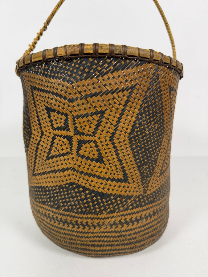 Vintage Dayak Kalimantan Tribal Hand Woven Split Rattan Basket Container Featuring Star Shaped Geometric Motif And Rigid Bail Handle 8.5'W X 14'H [Photo 2]