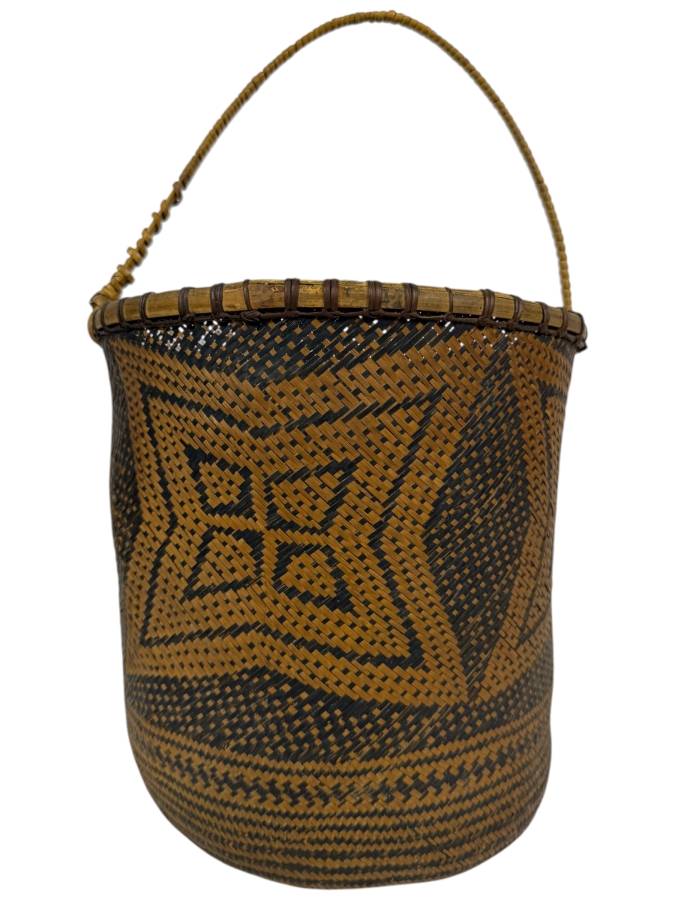 Vintage Dayak Kalimantan Tribal Hand Woven Split Rattan Basket Container Featuring Star Shaped Geometric Motif And Rigid Bail Handle 8.5'W X 14'H