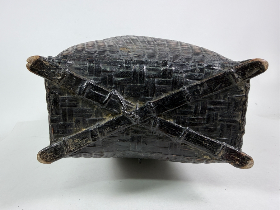 Antique Philippine Ifugao Cordillera Tribal Lidded Cylindrical Rattan Grain Storage Basket With Heavy Hearth Smoke Patina 16'H [Photo 8]