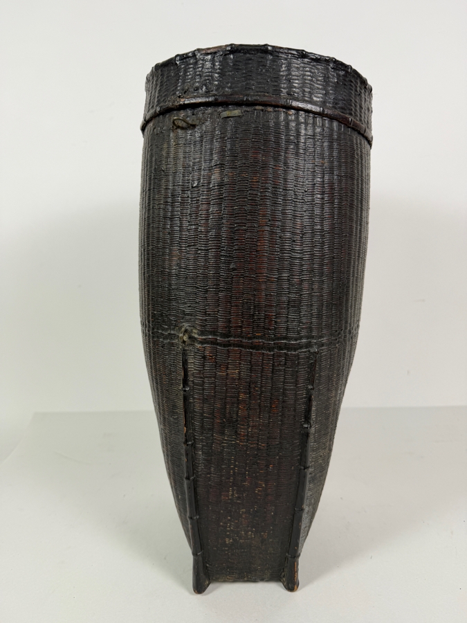 Antique Philippine Ifugao Cordillera Tribal Lidded Cylindrical Rattan Grain Storage Basket With Heavy Hearth Smoke Patina 16'H [Photo 3]