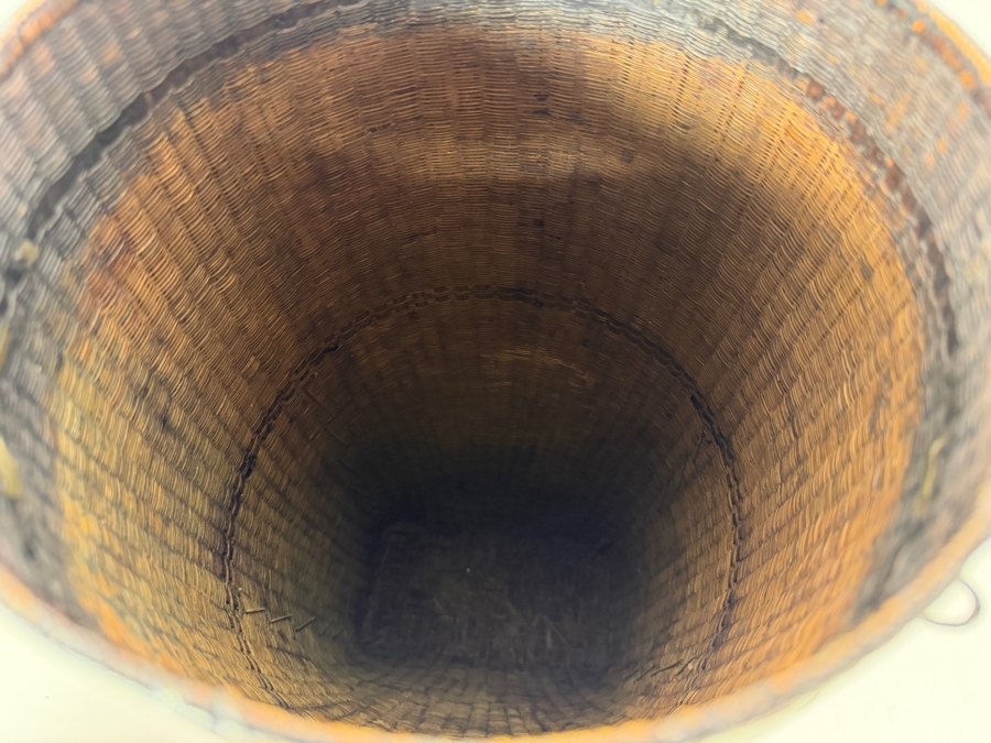 Antique Philippine Ifugao Cordillera Tribal Lidded Cylindrical Rattan Grain Storage Basket With Heavy Hearth Smoke Patina 16'H [Photo 6]