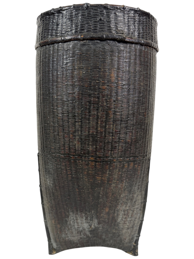 Antique Philippine Ifugao Cordillera Tribal Lidded Cylindrical Rattan Grain Storage Basket With Heavy Hearth Smoke Patina 16'H