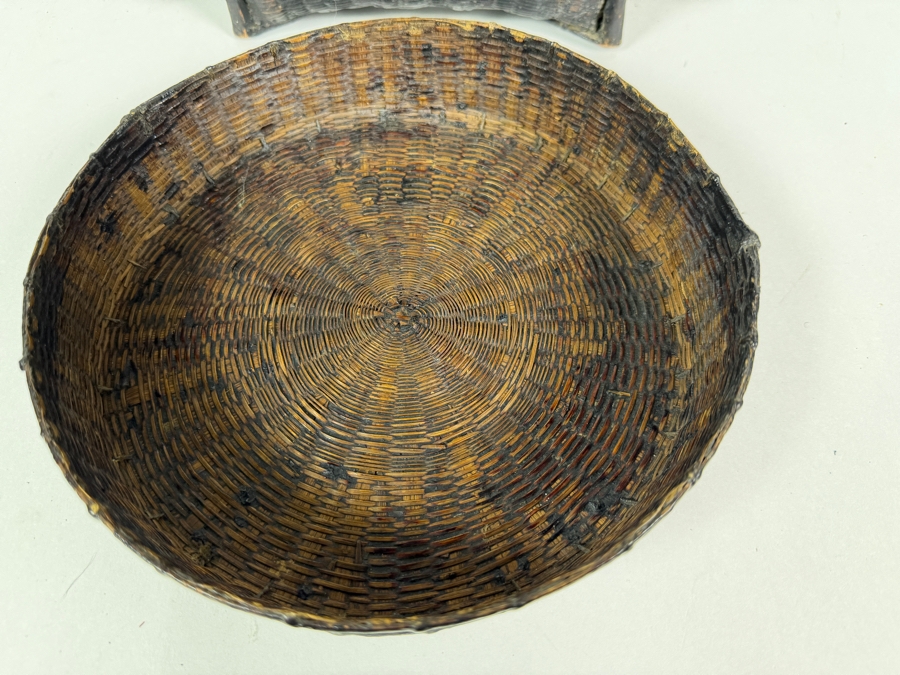 Antique Philippine Ifugao Cordillera Tribal Lidded Cylindrical Rattan Grain Storage Basket With Heavy Hearth Smoke Patina 16'H [Photo 7]