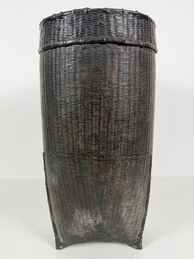 Antique Philippine Ifugao Cordillera Tribal Lidded Cylindrical Rattan Grain Storage Basket With Heavy Hearth Smoke Patina 16'H [Photo 2]