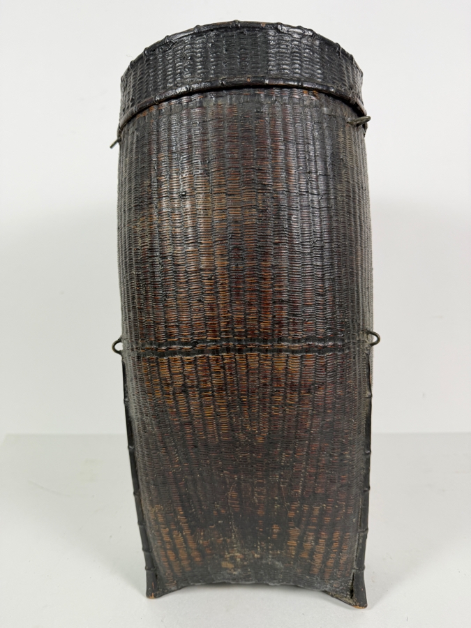 Antique Philippine Ifugao Cordillera Tribal Lidded Cylindrical Rattan Grain Storage Basket With Heavy Hearth Smoke Patina 16'H [Photo 4]