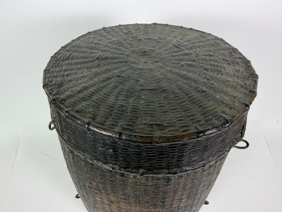Antique Philippine Ifugao Cordillera Tribal Lidded Cylindrical Rattan Grain Storage Basket With Heavy Hearth Smoke Patina 16'H [Photo 5]