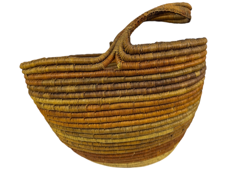 Antique Australian Aboriginal Gunditjmara Tribal Hand Woven Coiled Pandanus Grass Gathering Basket With Integrated Loop Handle 20'W X 17'H