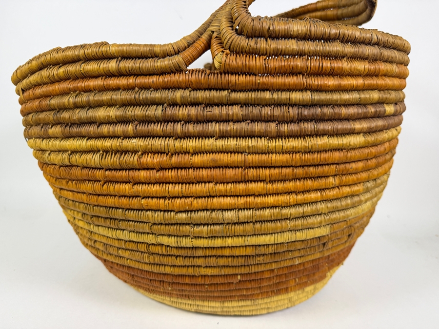 Antique Australian Aboriginal Gunditjmara Tribal Hand Woven Coiled Pandanus Grass Gathering Basket With Integrated Loop Handle 20'W X 17'H [Photo 2]