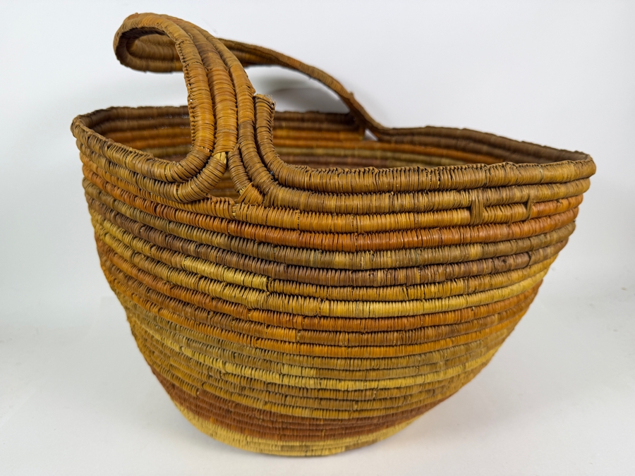 Antique Australian Aboriginal Gunditjmara Tribal Hand Woven Coiled Pandanus Grass Gathering Basket With Integrated Loop Handle 20'W X 17'H [Photo 6]