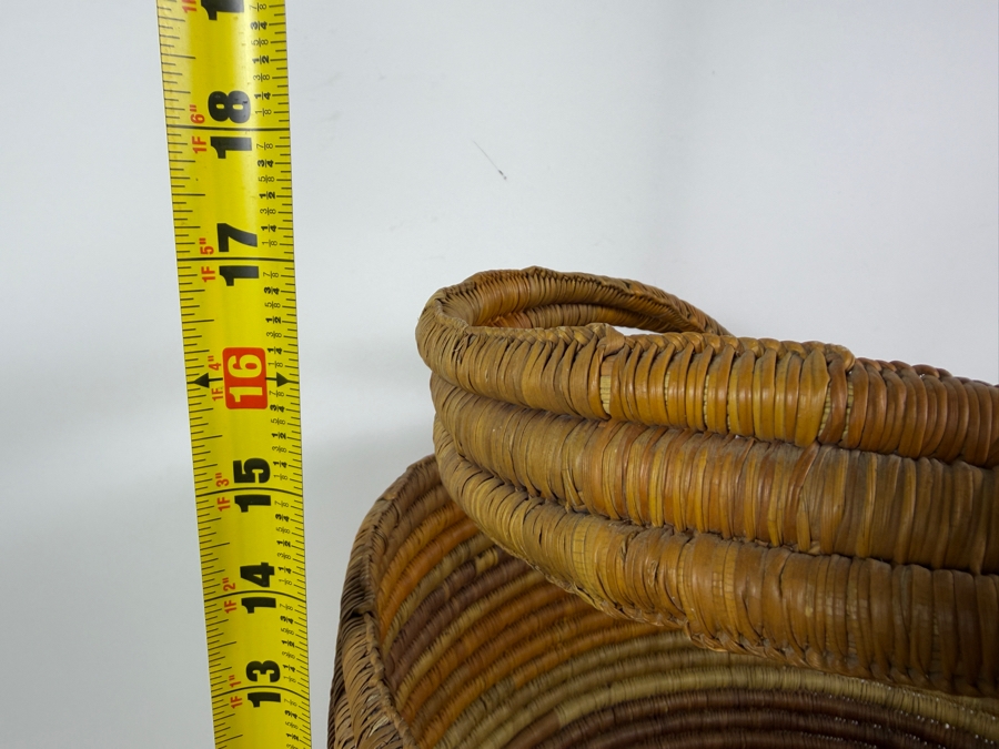 Antique Australian Aboriginal Gunditjmara Tribal Hand Woven Coiled Pandanus Grass Gathering Basket With Integrated Loop Handle 20'W X 17'H [Photo 9]