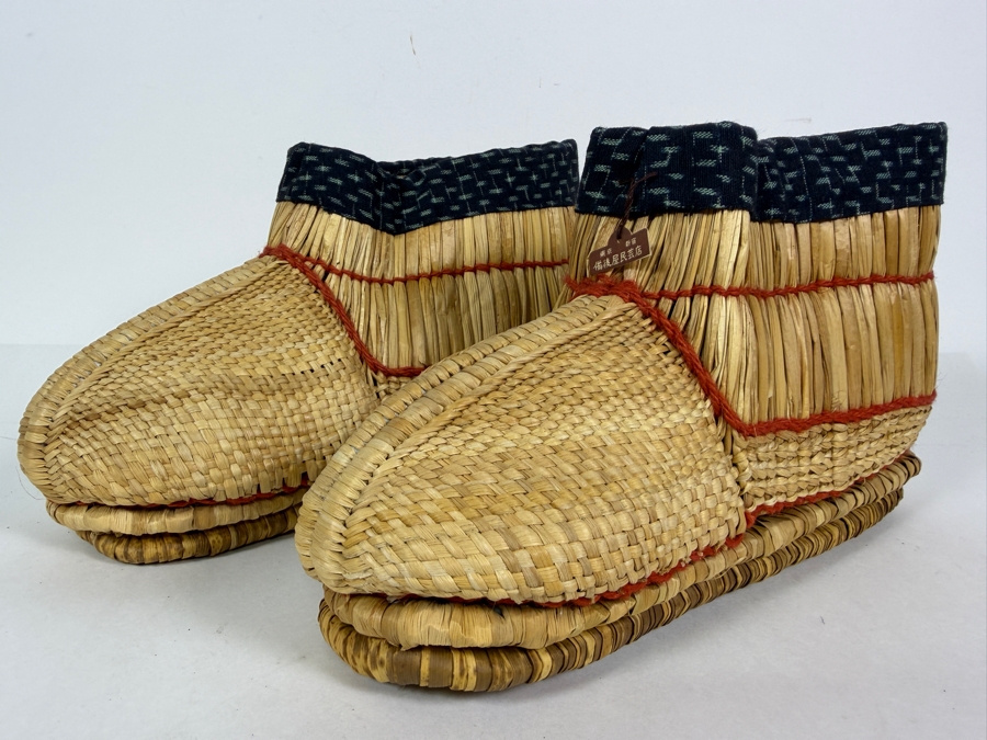 Pair Of Vintage Japanese Hand Woven Straw Fukagutsu Traditional Snow Boots With Indigo Kasuri Ikat Cotton Cuffs 11'L [Photo 2]