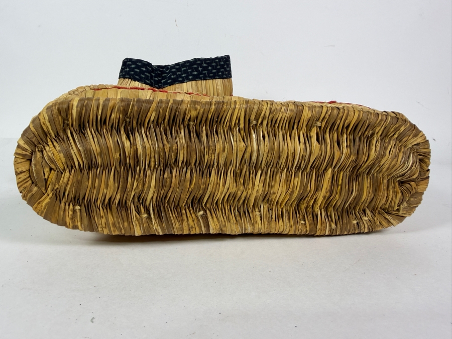 Pair Of Vintage Japanese Hand Woven Straw Fukagutsu Traditional Snow Boots With Indigo Kasuri Ikat Cotton Cuffs 11'L [Photo 5]