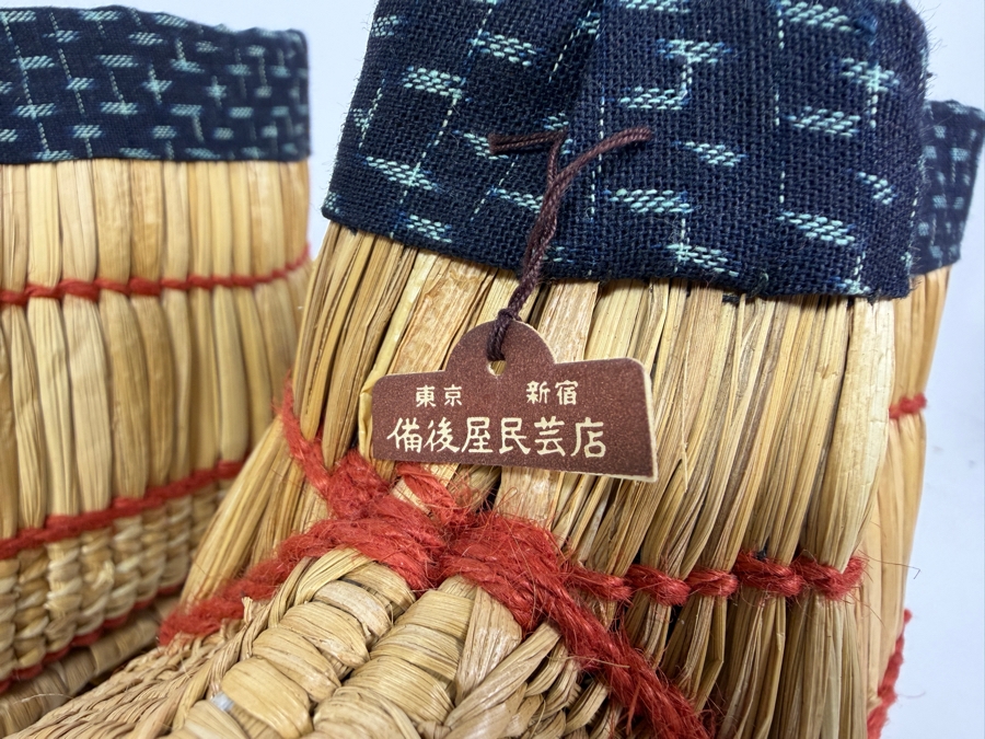 Pair Of Vintage Japanese Hand Woven Straw Fukagutsu Traditional Snow Boots With Indigo Kasuri Ikat Cotton Cuffs 11'L [Photo 3]