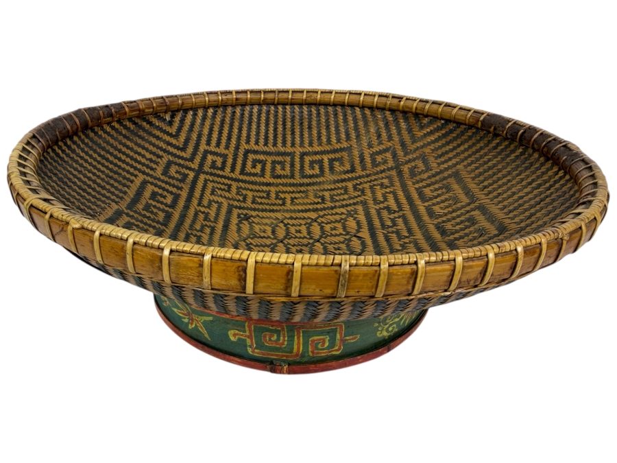 Vintage Chinese Split Bamboo Presentation Wedding Platter Basket On Hand Painted Green Lacquered Wooden Ring Pedestal Foot 14'W X 4.5'H