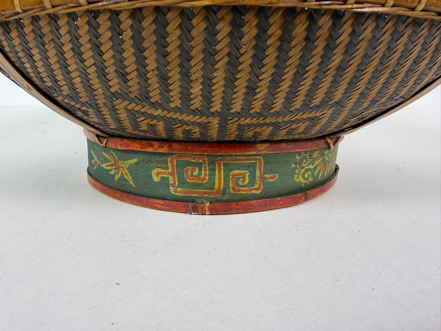 Vintage Chinese Split Bamboo Presentation Wedding Platter Basket On Hand Painted Green Lacquered Wooden Ring Pedestal Foot 14'W X 4.5'H [Photo 6]