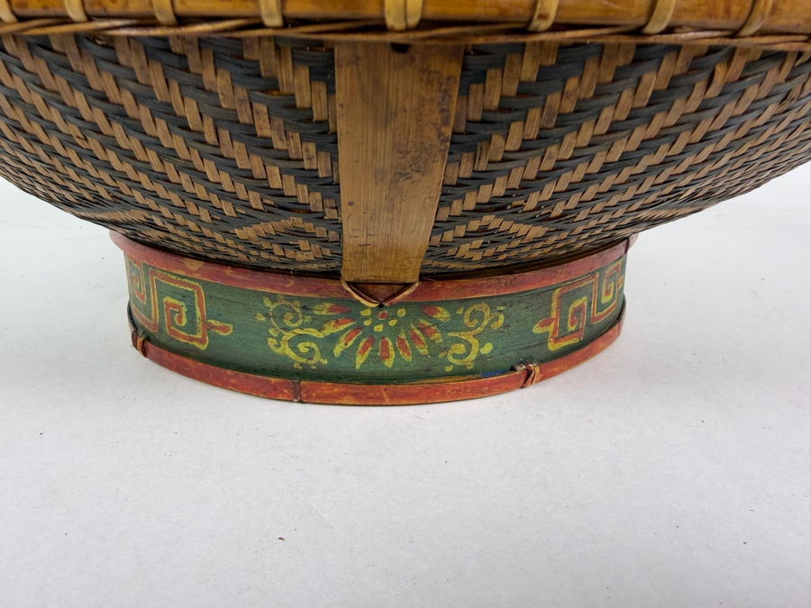 Vintage Chinese Split Bamboo Presentation Wedding Platter Basket On Hand Painted Green Lacquered Wooden Ring Pedestal Foot 14'W X 4.5'H [Photo 8]