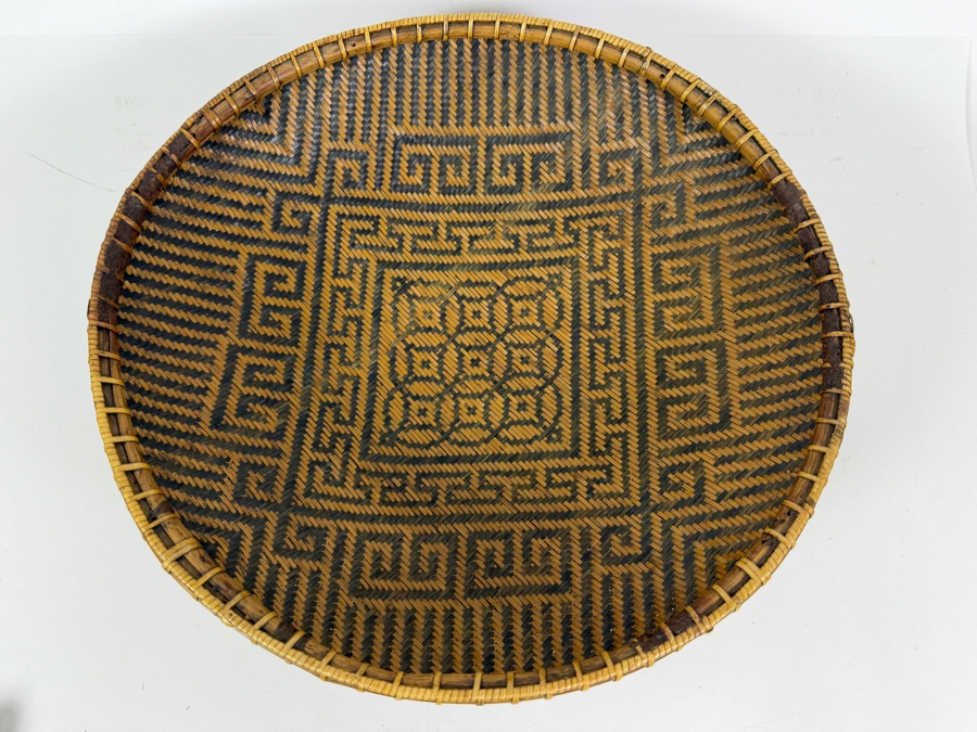 Vintage Chinese Split Bamboo Presentation Wedding Platter Basket On Hand Painted Green Lacquered Wooden Ring Pedestal Foot 14'W X 4.5'H [Photo 5]